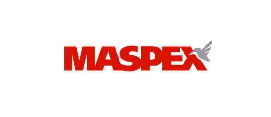Logo firmy MASPEX z czerwonymi literami i szarą sylwetką ptaka przy literze X.