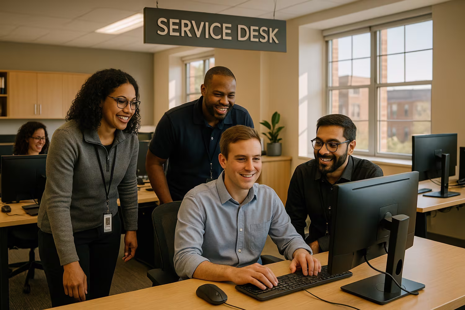 Diverse IT service desk assisting employee