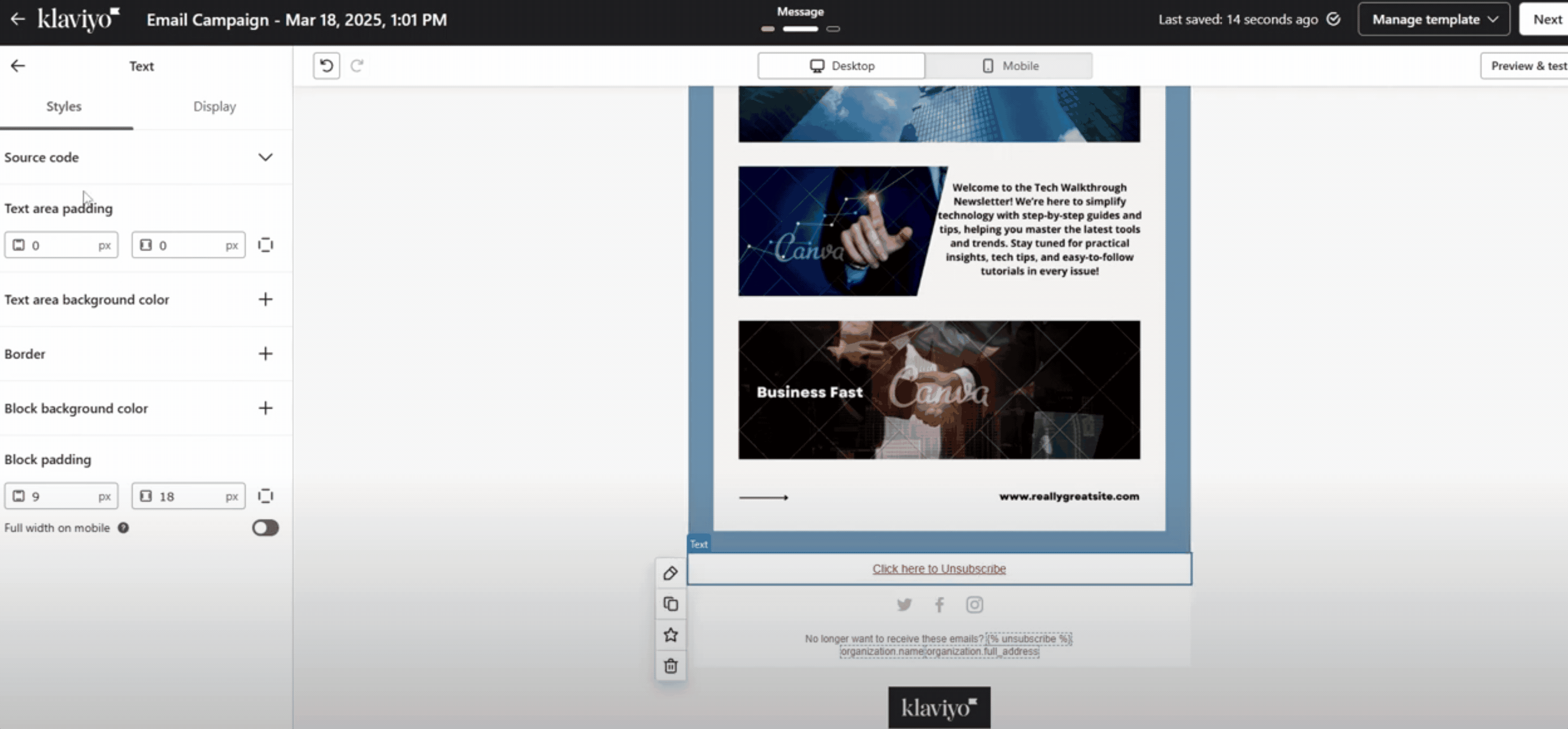 How to add a manual unsubscribe link anywhere in the klaviyo email