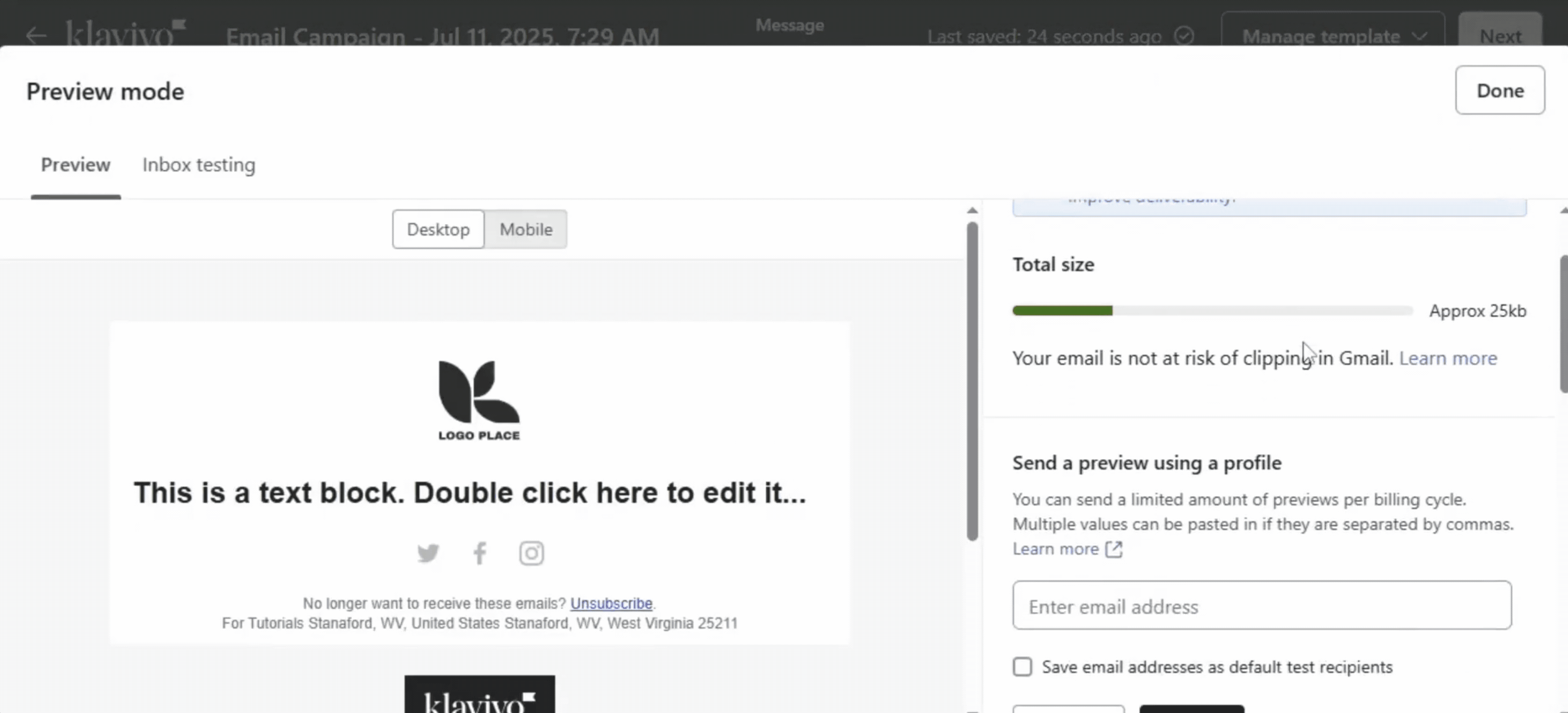 enter email or profile before sending test emails 