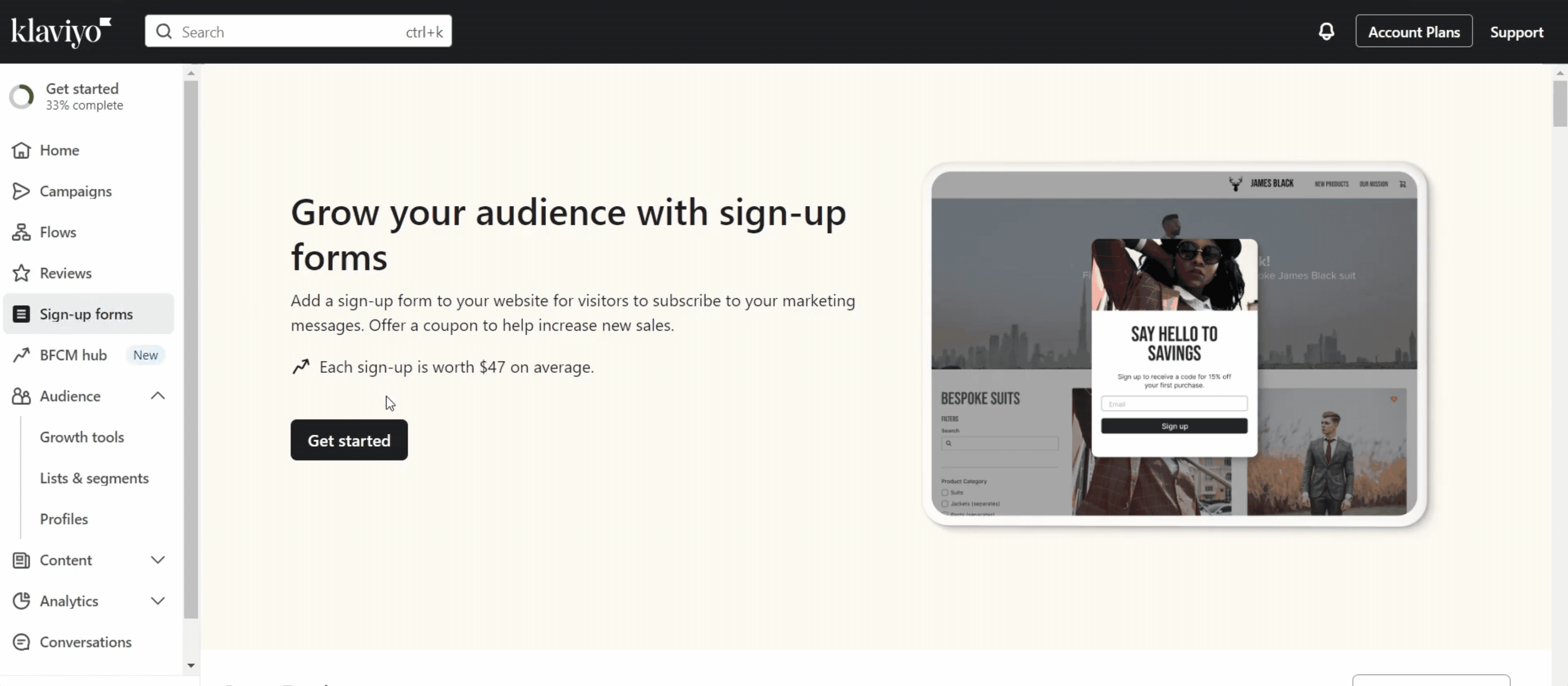 where to create sign up form on Klaviyo