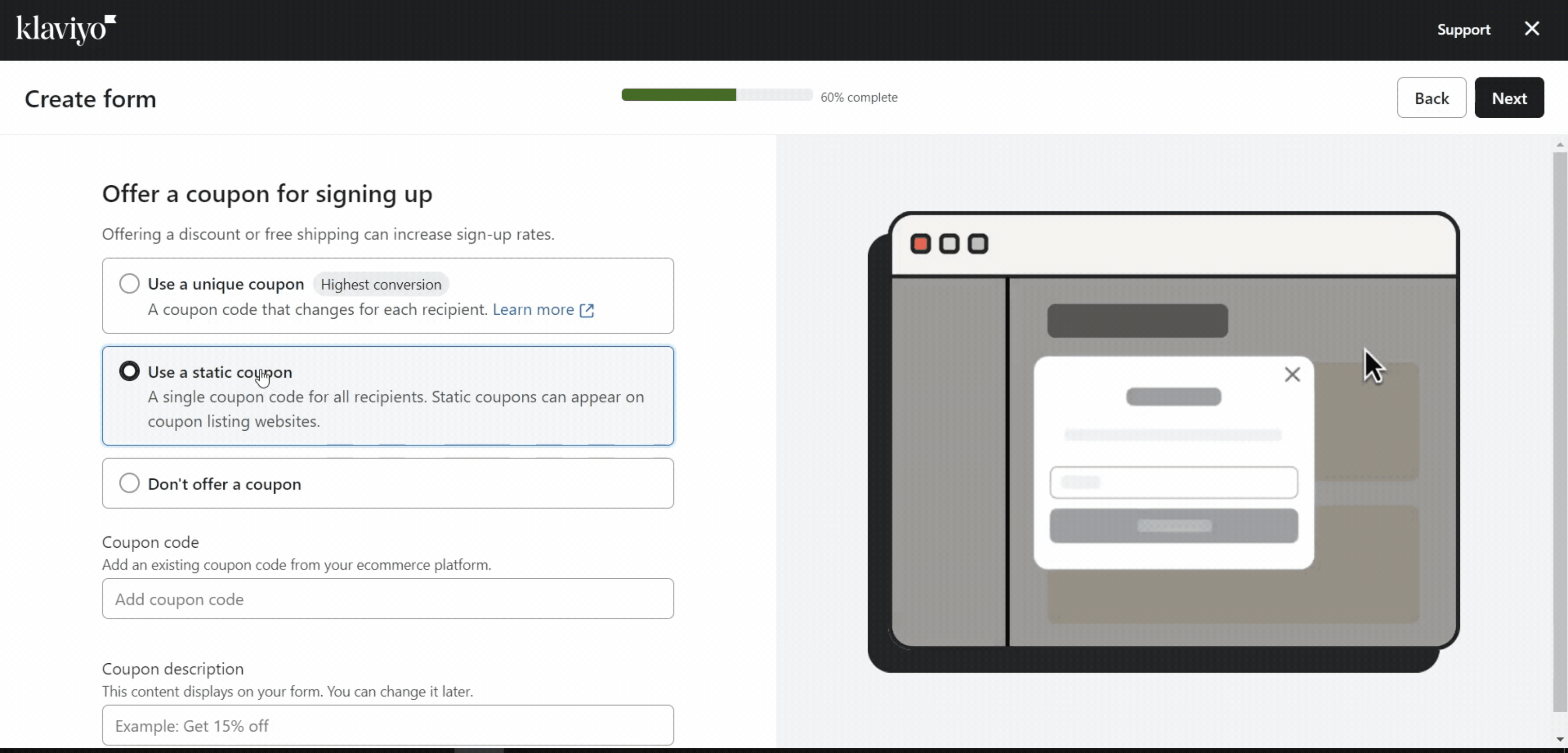 Build your form on Klaviyo