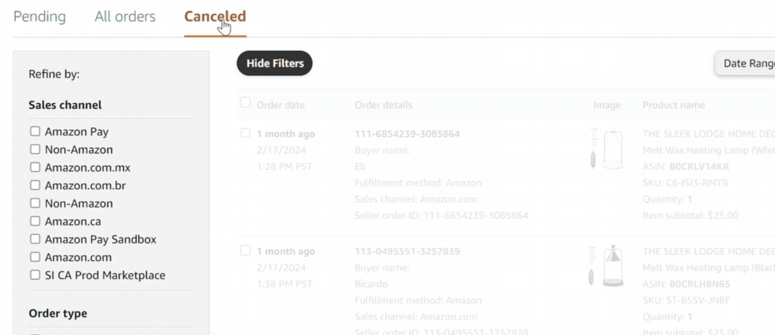 GIF showing how to navigate to manage order in mobile (Seller Central)