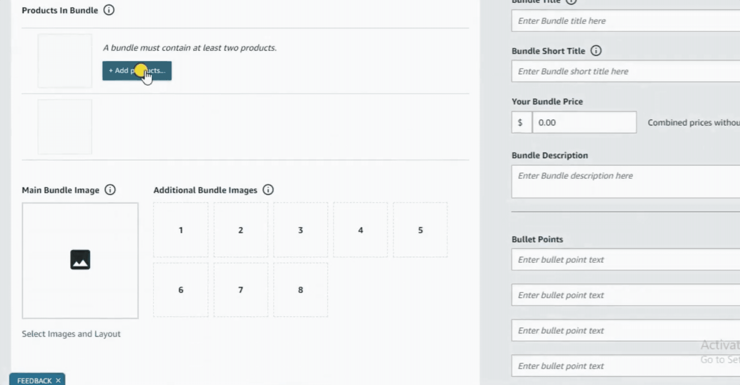A GIF showing where to search by ASIN or title and click Add to bundle for each product. 