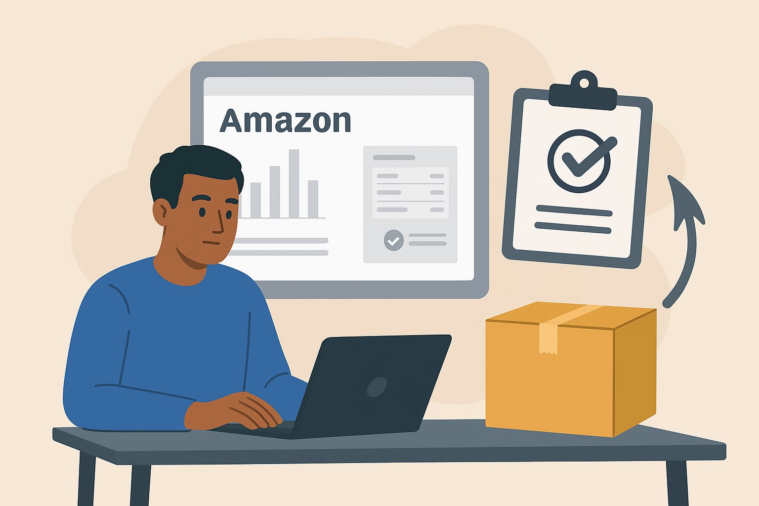 Flat illustration showing an Amazon seller reviewing restock and inventory data on a laptop with Amazon dashboards, a checklist, and a shipping box.