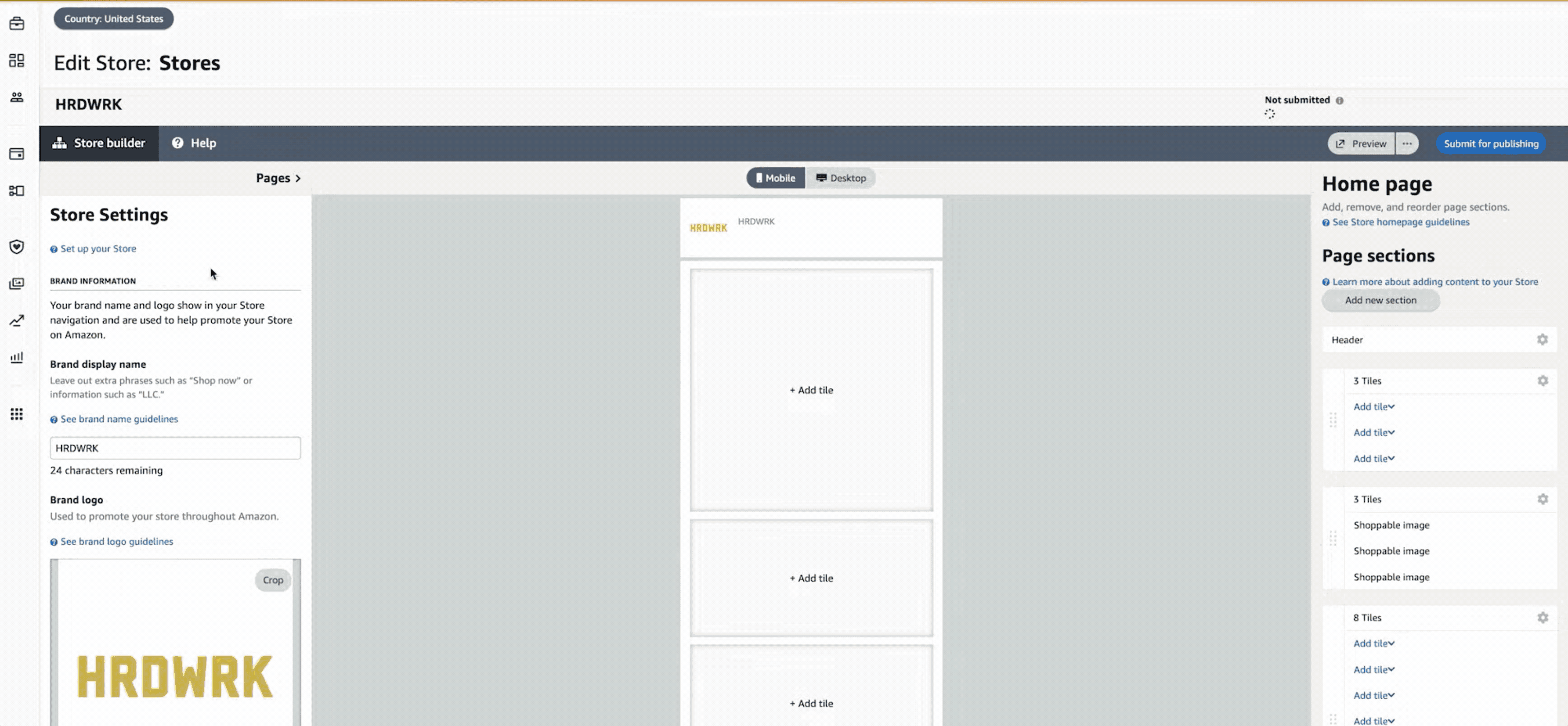 Gif showing how to enter brand details and brand logo in amazon store builder