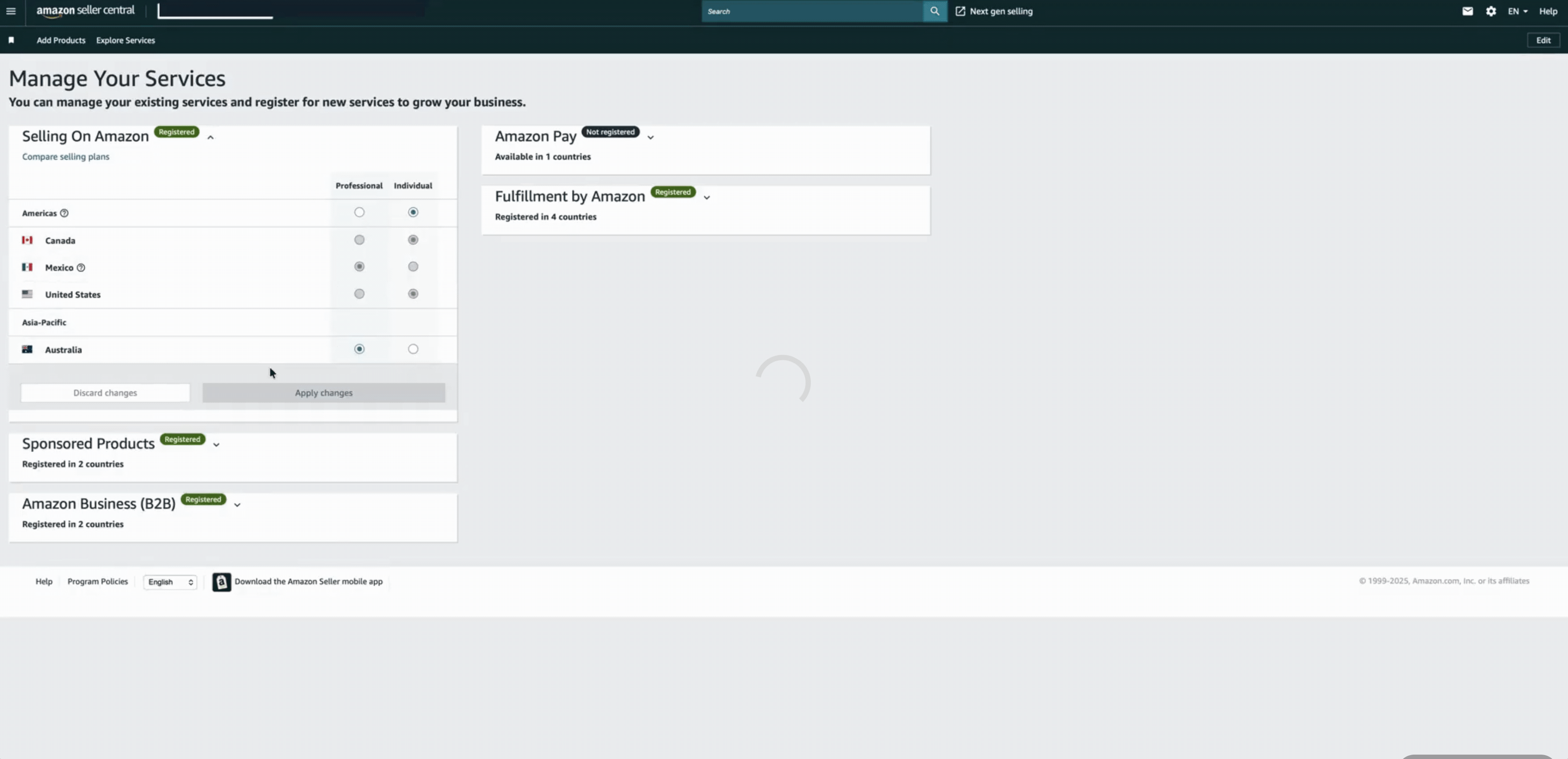 GIF showing how to see a section labeled Selling on Amazon