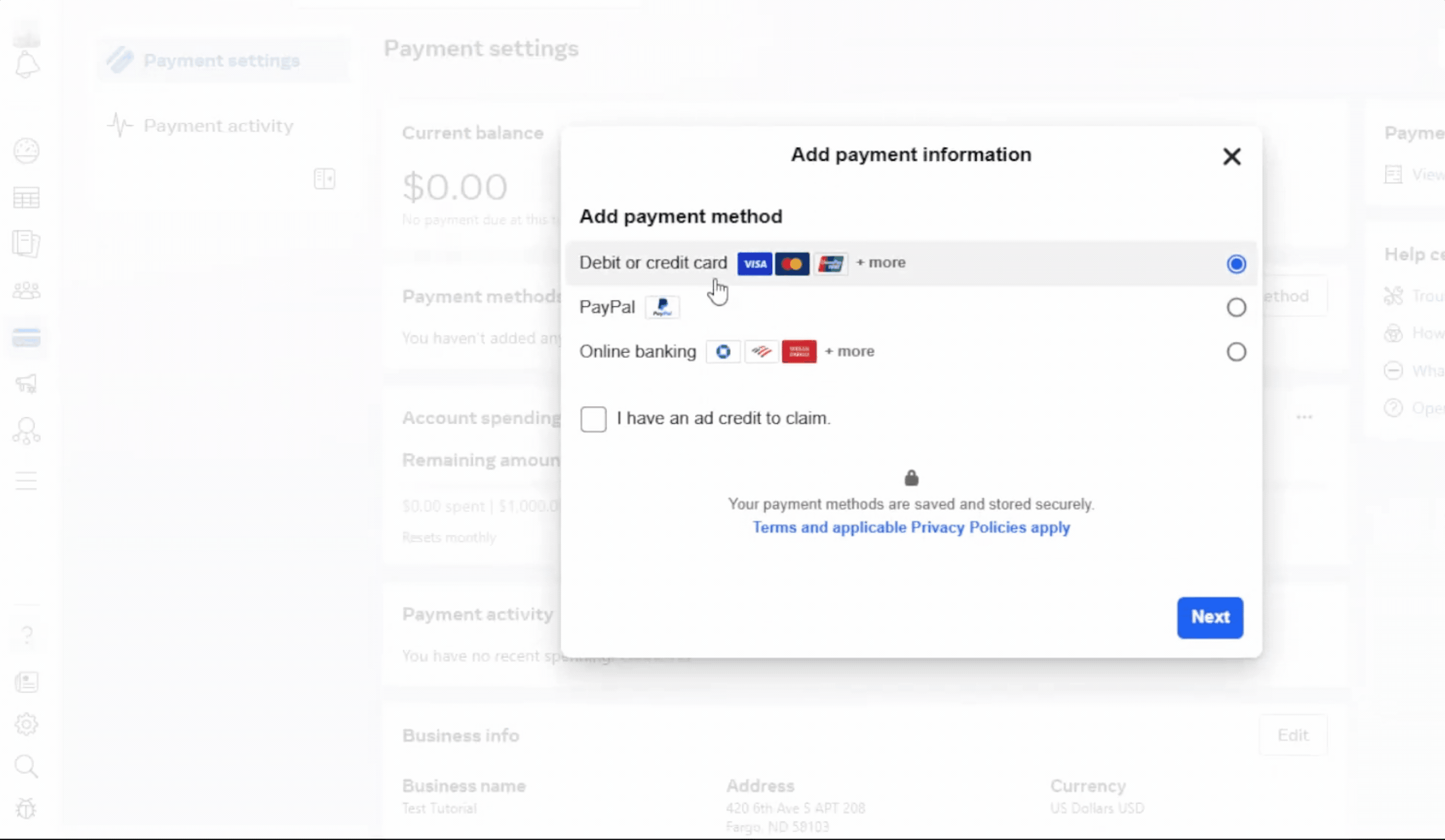 A GIF showing where to add and verify payment method for the facebook ads in Meta ads manager