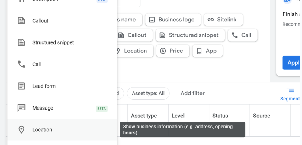 use the Asset type filter to select Location