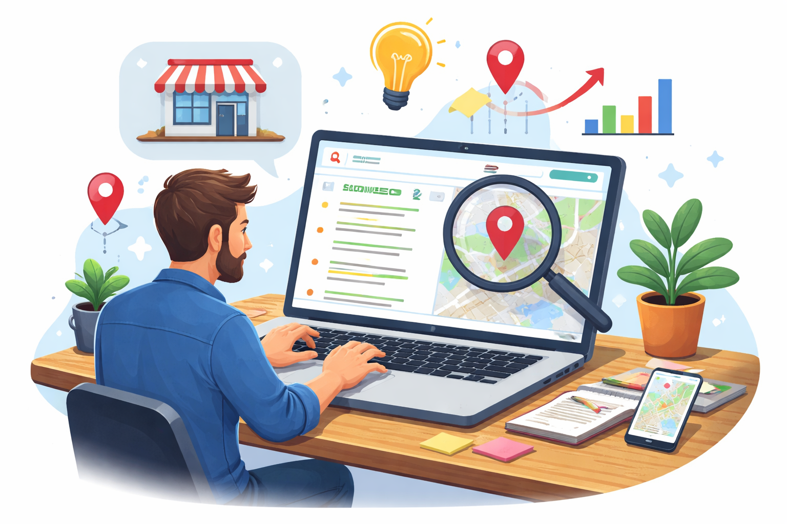 Digital illustration of a business owner analyzing Google Maps pins and keyword data on a laptop while researching local SEO strategy.