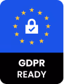 Blue square with a circle of yellow stars, a white padlock icon in the center, and the text 'GDPR READY' below.