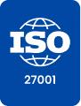 Blue badge with white ISO 27001 text and a globe graphic.
