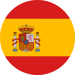 Round Spanish flag with red and yellow horizontal stripes and a detailed national coat of arms on the left side.