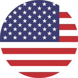 Round icon of the United States flag with 50 white stars on blue and 13 red and white stripes.