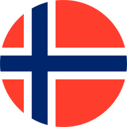 Round icon of the Norwegian flag with a blue cross outlined in white on a red background.