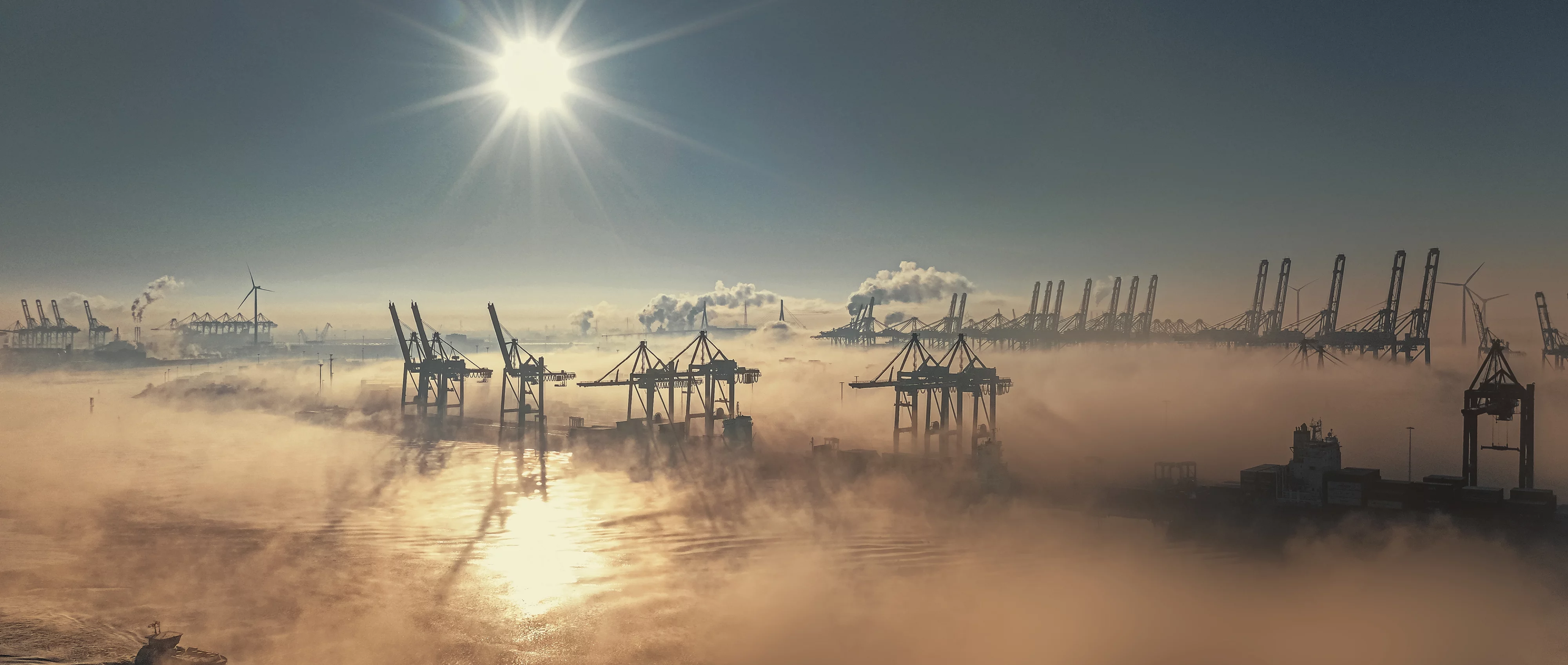 Containerbrücken im Hamburger Hafen ragen bei tief stehender Sonne aus dichtem Nebel