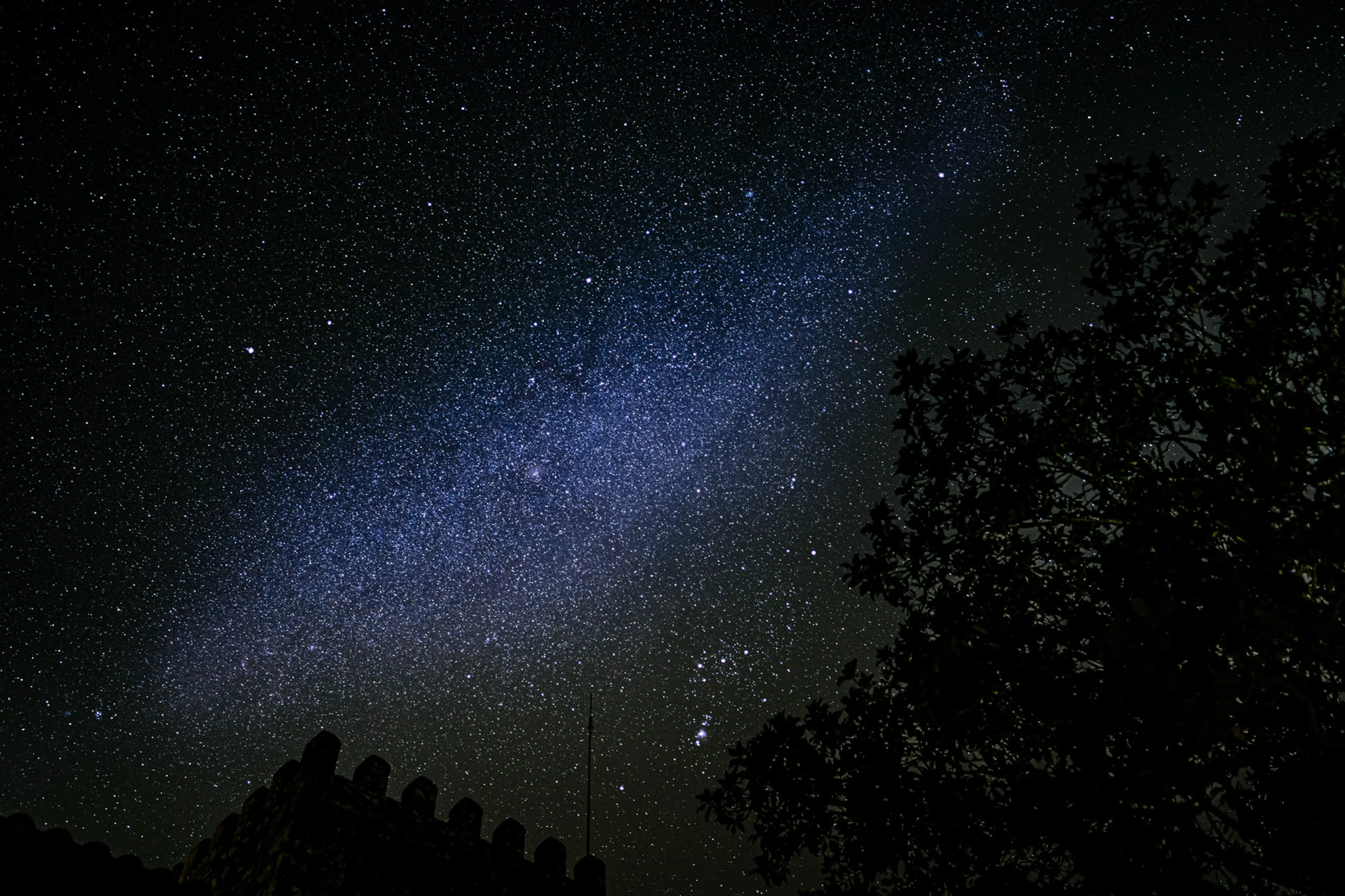 Milchstraße über einer dunklen Landschaft unter klarem Sternenhimmel