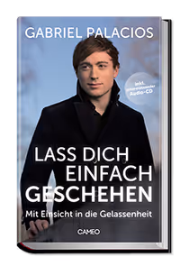 Buchdeckel zeigt einen jungen Mann mit braunen Haaren und dunklem Mantel, Titel 'Lass dich einfach geschehen' von Gabriel Palacios, inklusive Audio-CD.