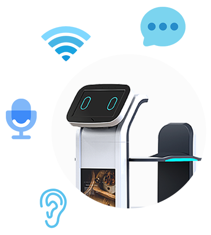 Mars, unser Service-Roboter, ist auf diesem Foto umgeben von den Stärken die er mitbringt. Wie W-Lan verbindung, Die Sprachfunktion uvm.