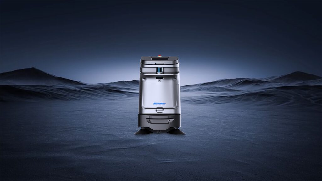 Hier sieht man die Zukunft der Reinigung. Der CenoBot SP50 steht vor einer blauen Landschaft.