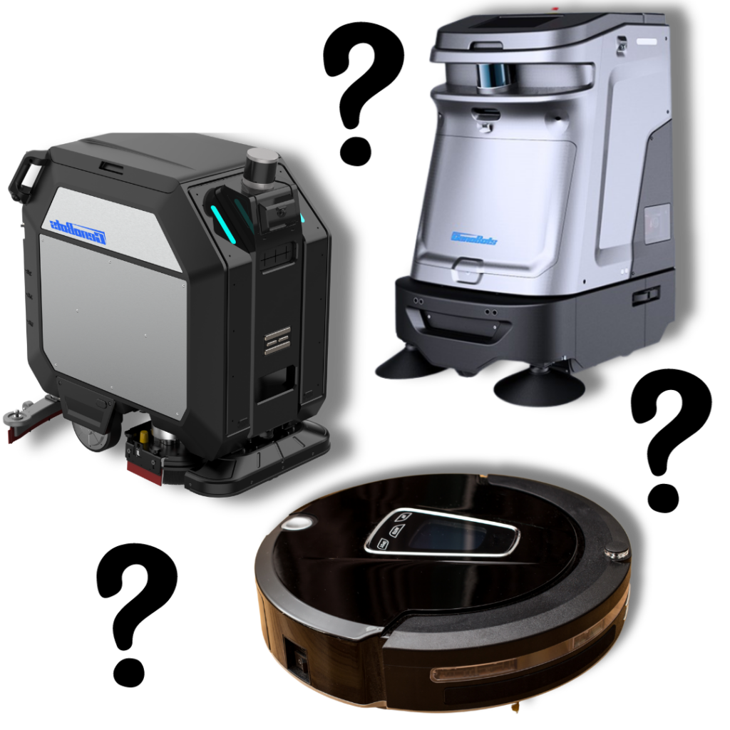 Auf diesem Foto sieht man den CenoBot L50 link, rechts oben den CenoBot SP50 und unten rechts einen handlsüblichen Saugroboter.