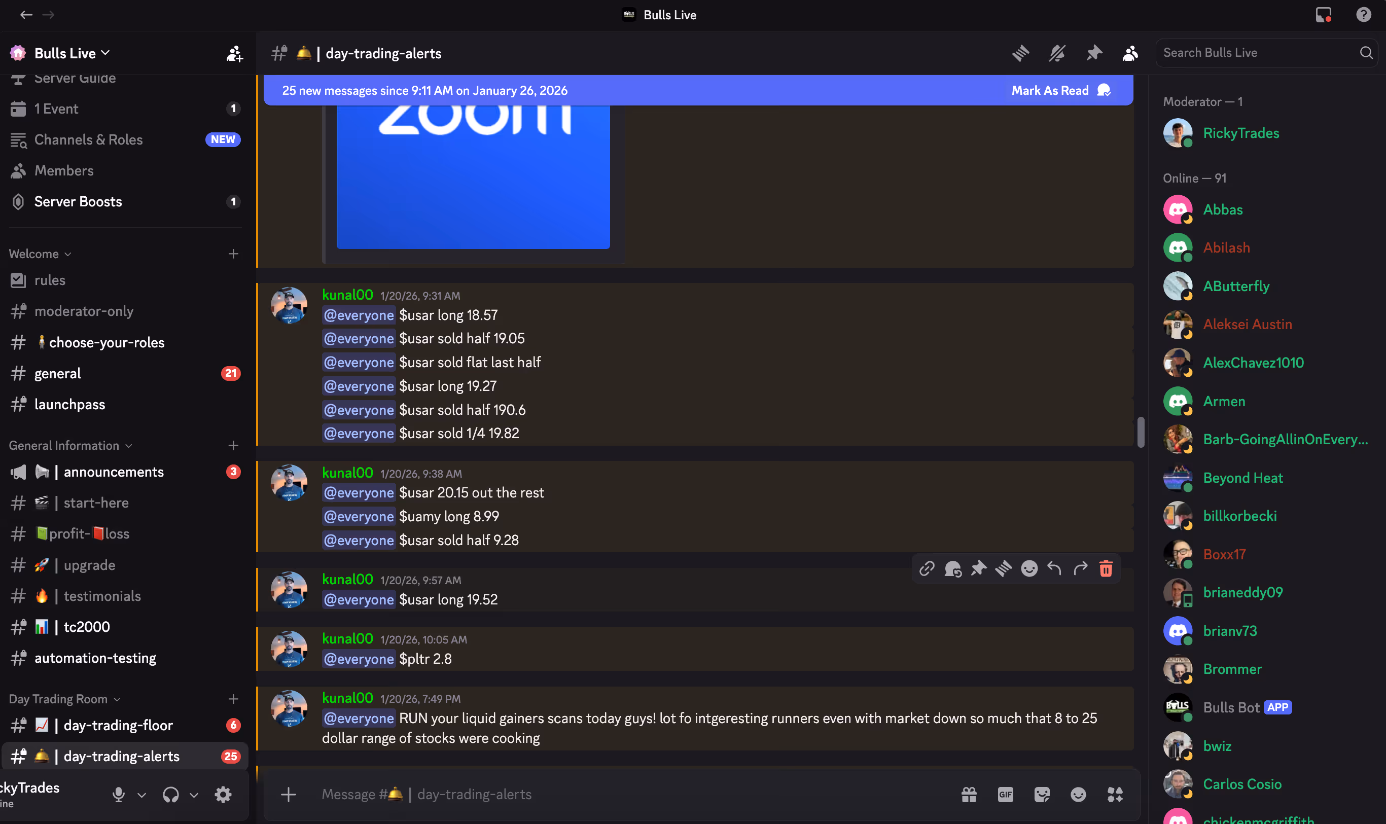 Discord chatroom showing live trade alerts with Zoom screenshare