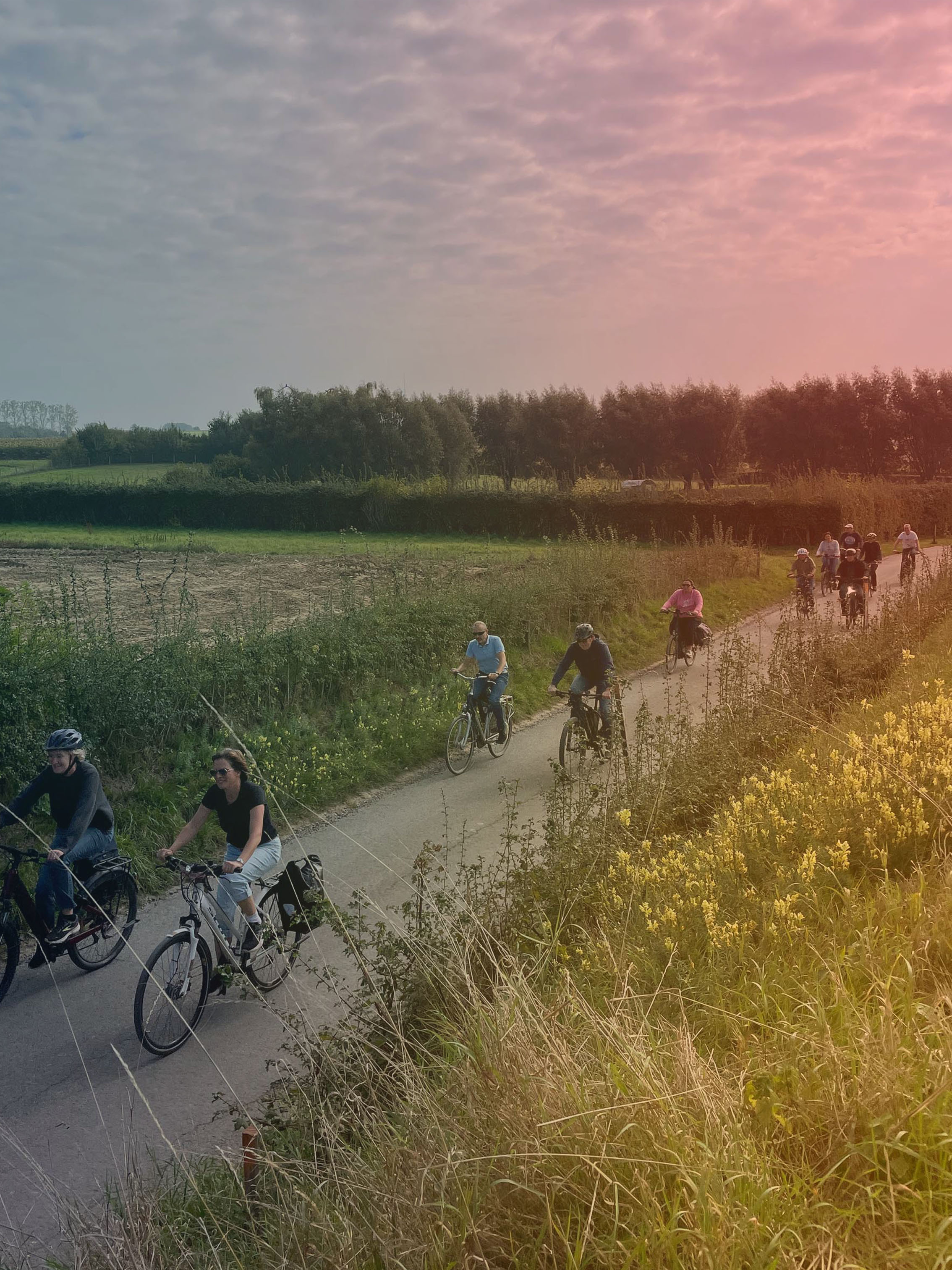 Een groep mensen fietst over een smal plattelandsweggetje omgeven door groen en gele bloemen onder een bewolkte hemel bij zonsondergang.