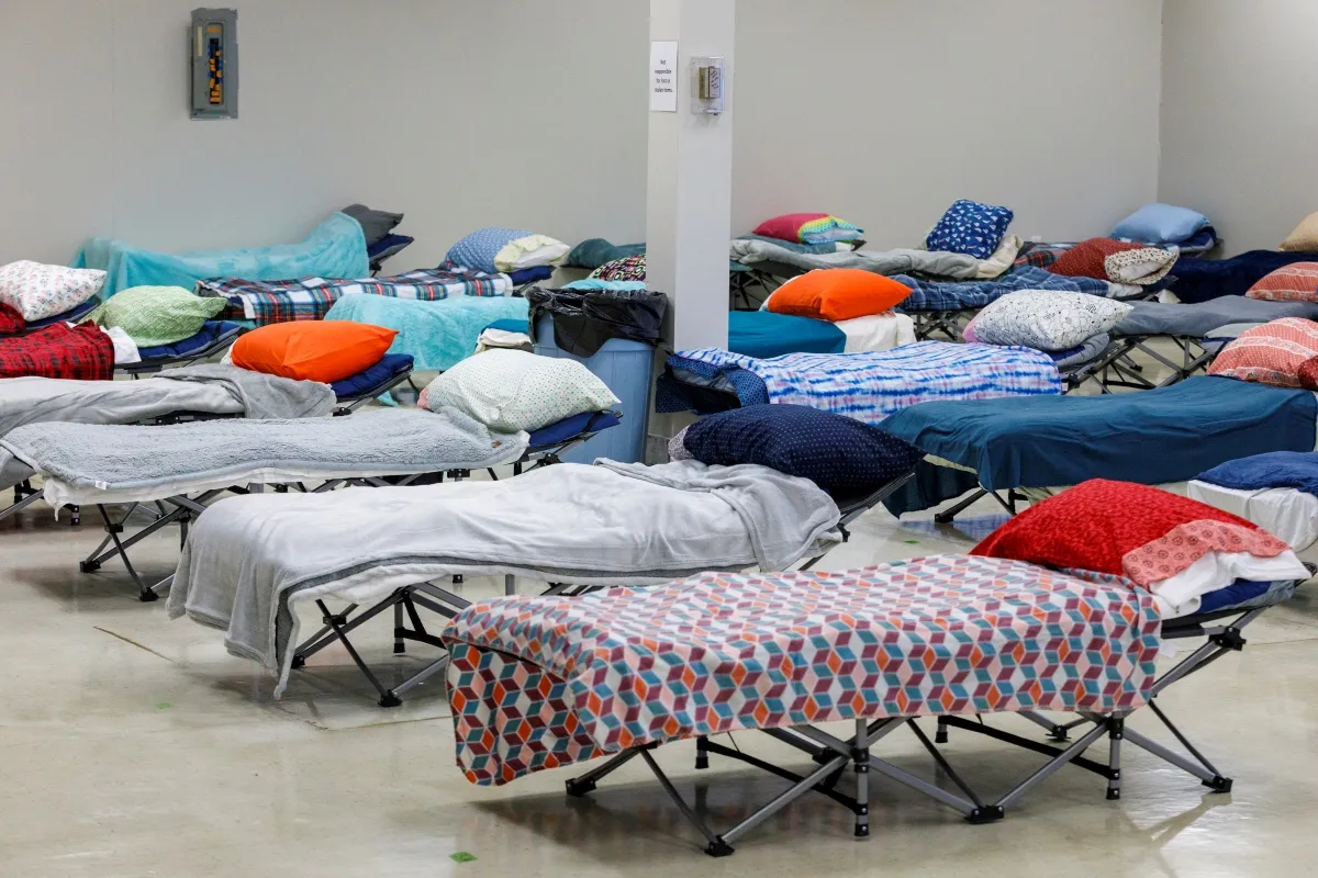 Beds prepared at an emergency shelter