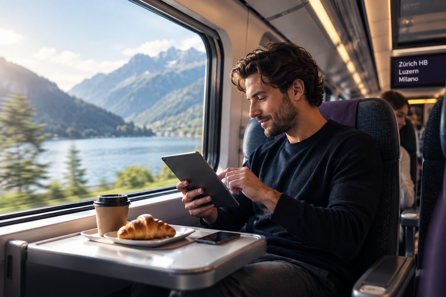 Rail passenger with food and drink