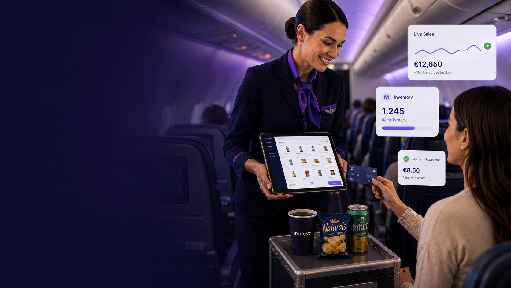 Cabin crew serving onboard food and beverage from a mobile POS