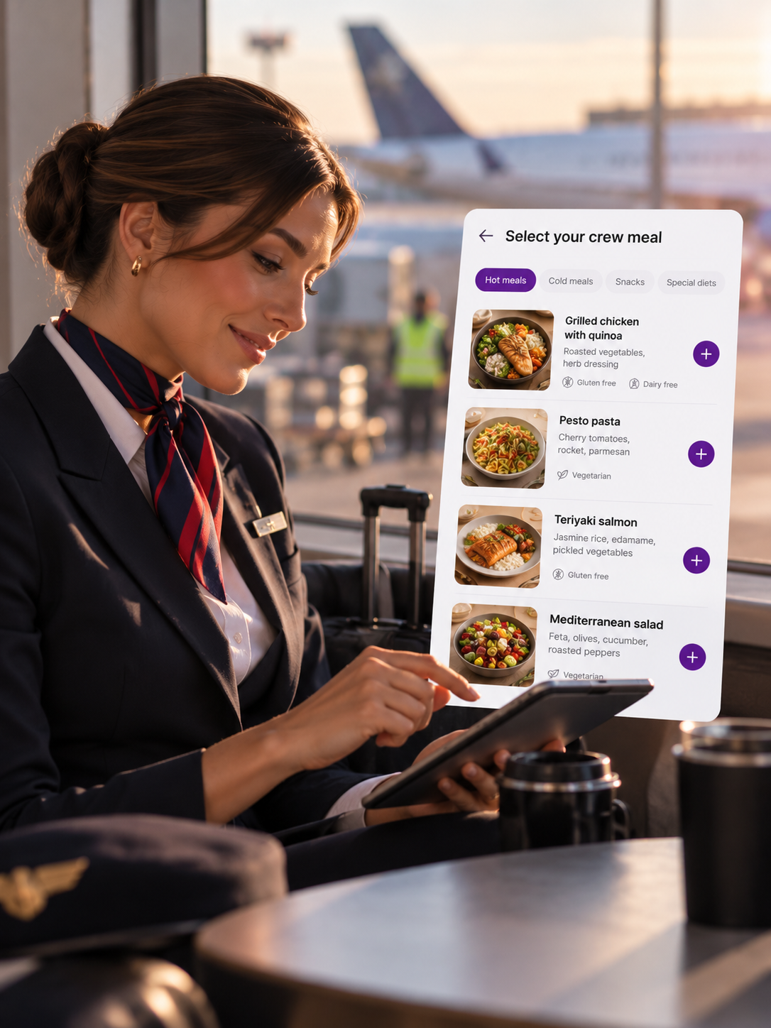 Cabin crew member selecting crew meals from a menu on a tablet