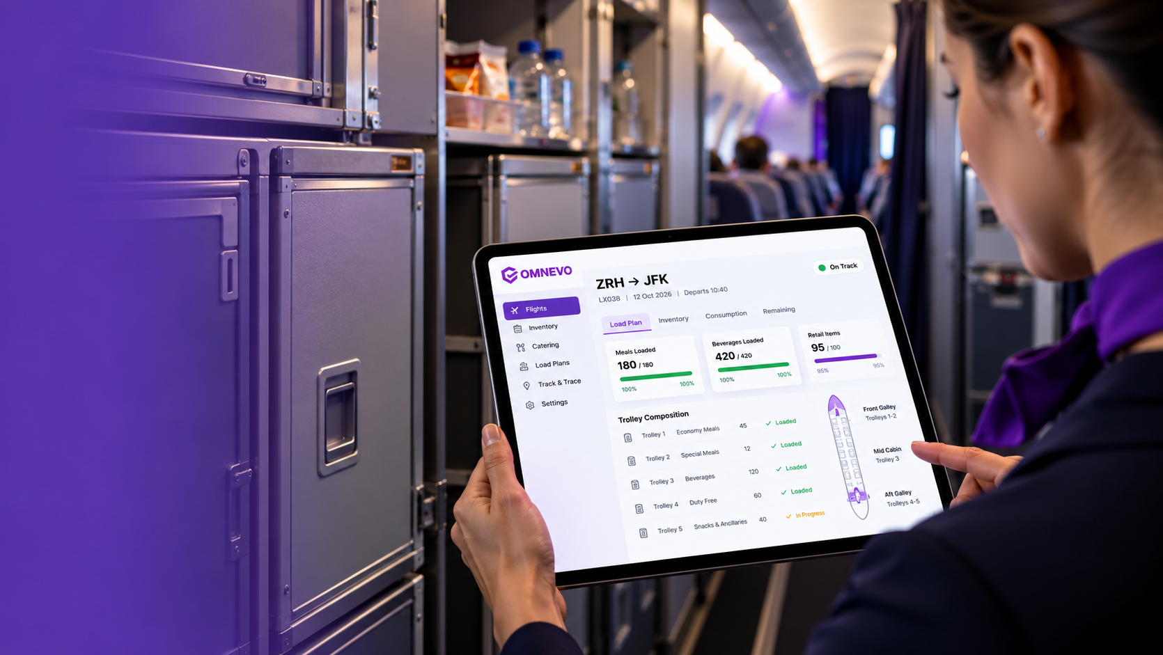Cabin crew reviewing an Omnevo dashboard on a tablet in the aircraft galley