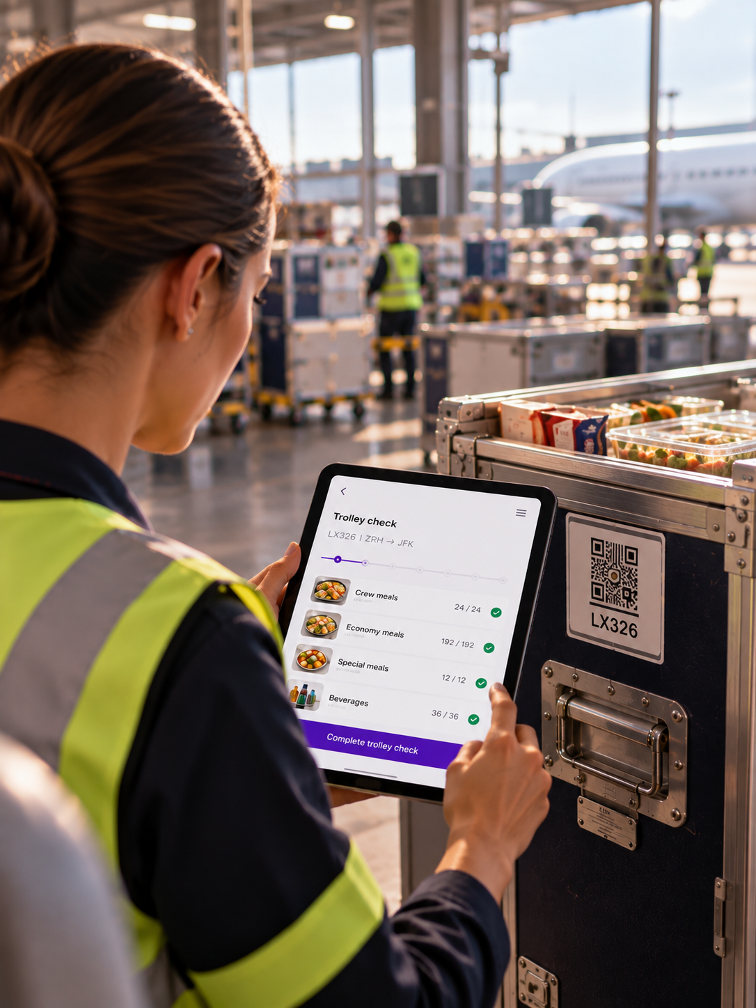 Ground handler checking loaded stock on a tablet beside a catering cart