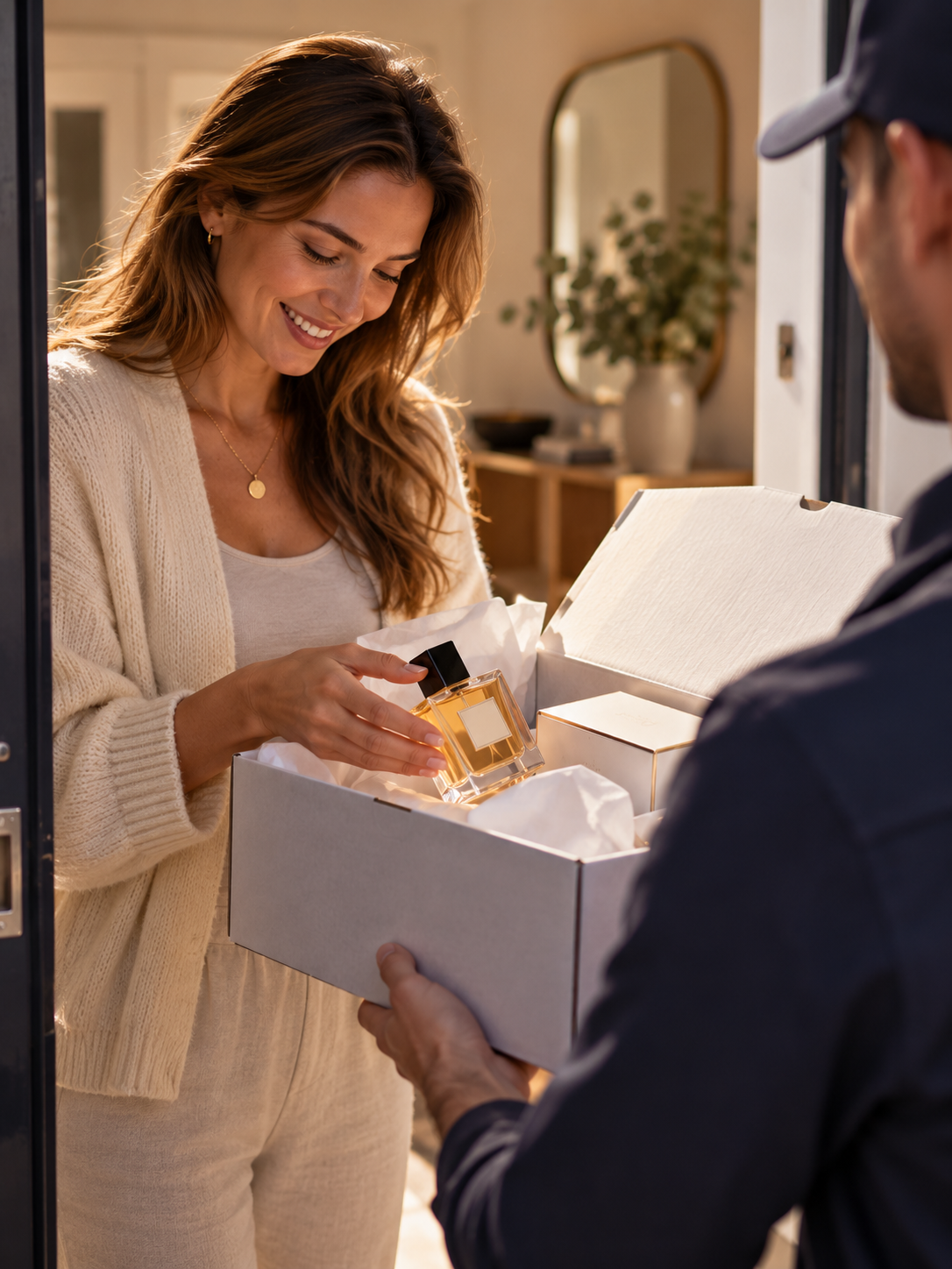 Traveller unpacking a perfume order delivered to her home