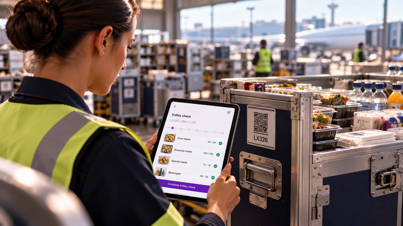 Ground handler checking an order on a tablet beside a loaded catering cart