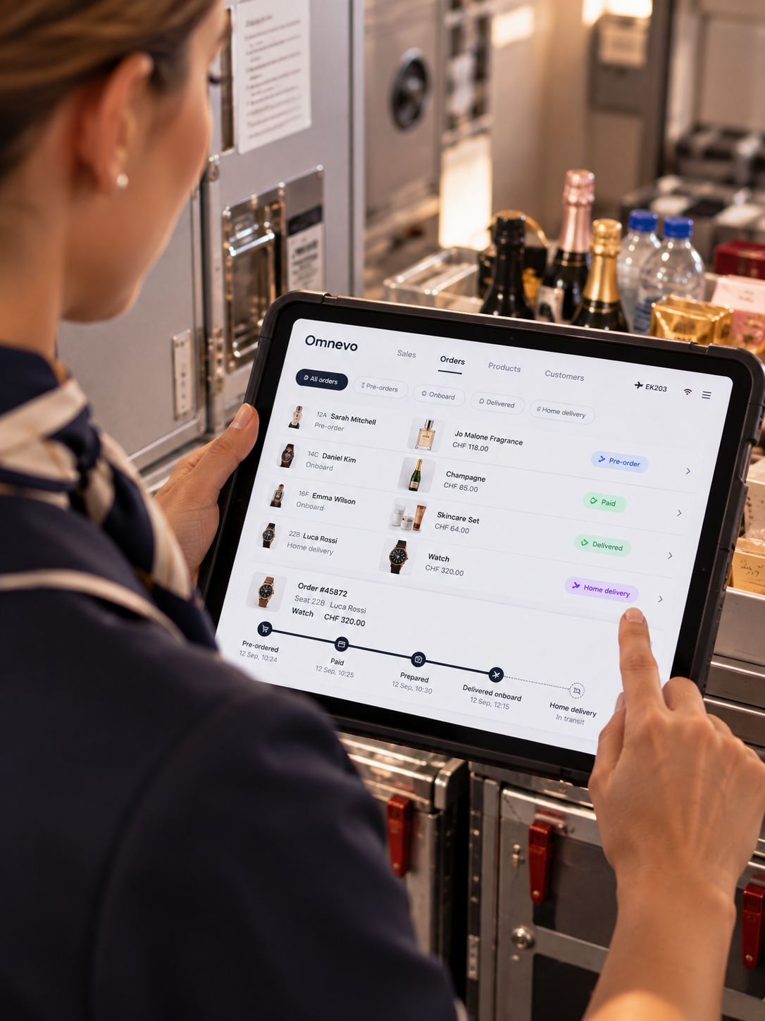 Omnevo order management dashboard on a tablet, showing orders and their status