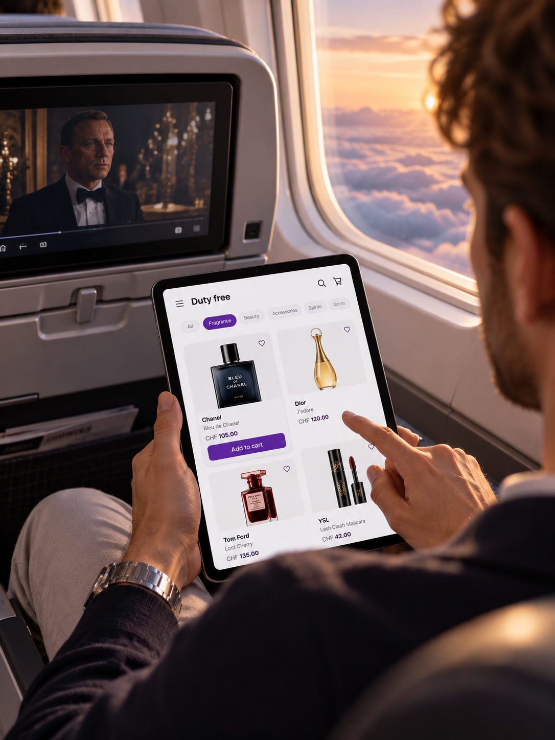 Passenger browsing duty free products on a tablet at the aircraft window