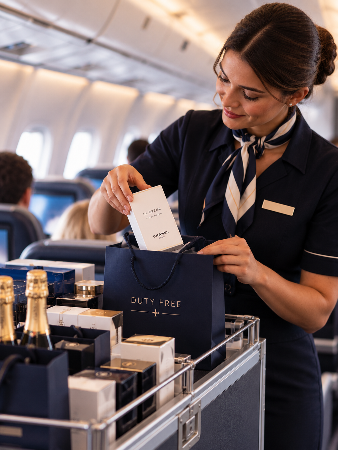 Cabin crew packing a duty free order into a bag at the trolley