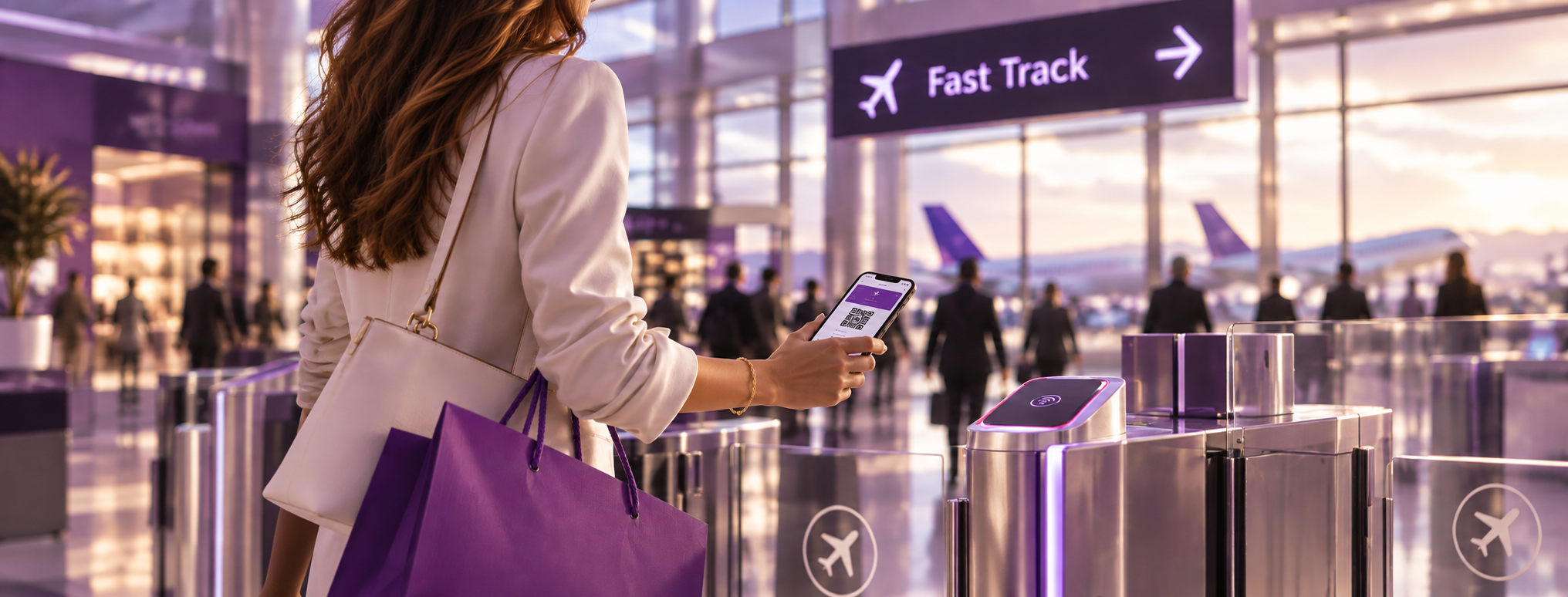 Traveller with shopping bags using her phone at an airport fast track gate