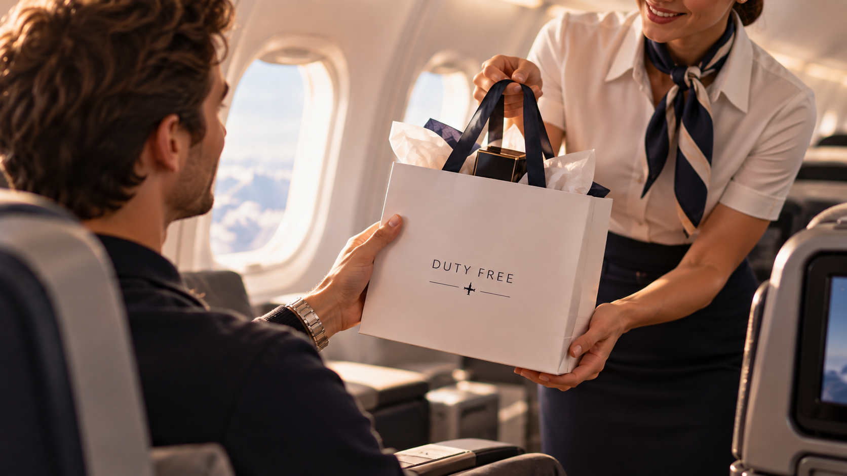 Cabin crew handing a shopping bag to a seated passenger