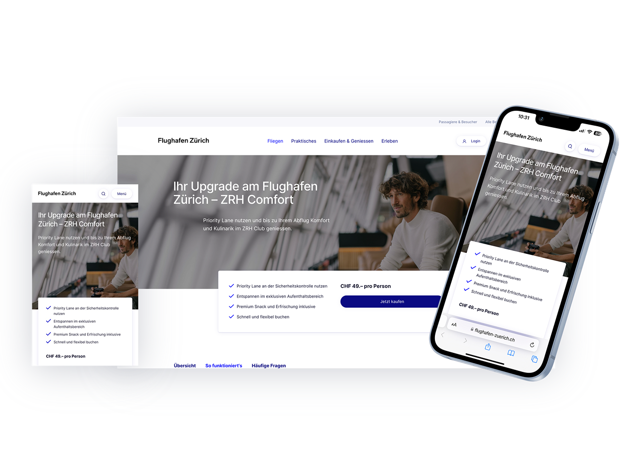 The Zurich Airport online shop shown on desktop and mobile