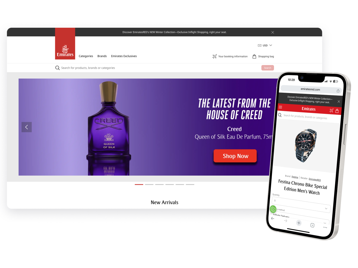 An Emirates duty free product page shown on desktop and mobile