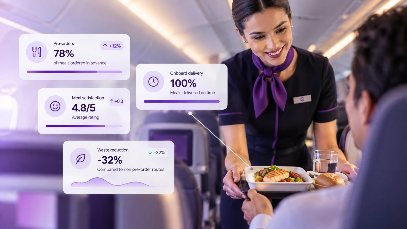 Cabin crew serving a meal, with onboard retail metrics shown alongside