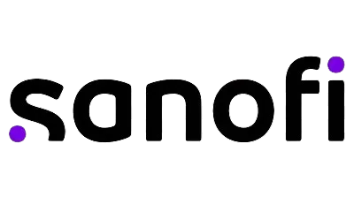 Sanofi company logo in lowercase black letters with two small purple dots.