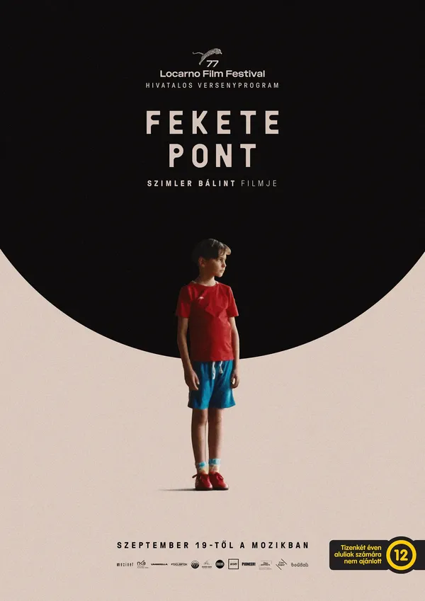 Film poster for Fekete Pont showing a young boy in a red shirt and blue shorts standing against a black and beige background with text for Locarno Film Festival and release date.