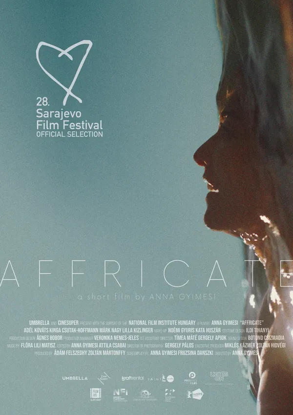 Profile of a woman’s face lit from the side against a blue background featuring text for the 28th Sarajevo Film Festival official selection and the short film Affricate by Anna Gyimesi.