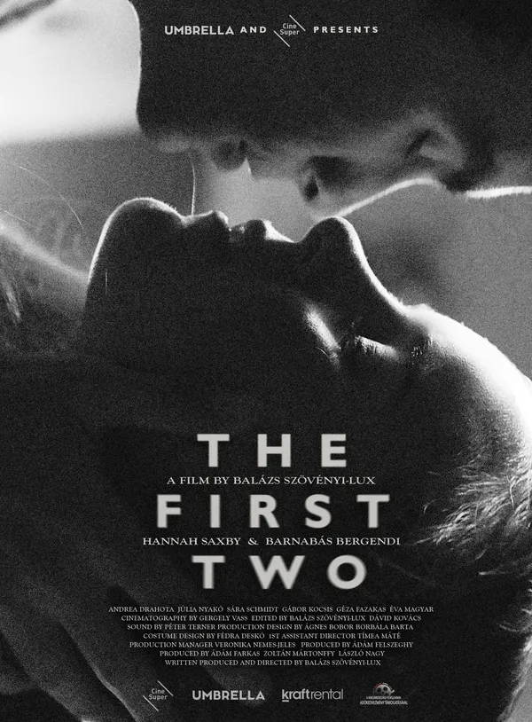 Black and white close-up of a man and a woman lying face to face, titled 'The First Two' by Balázs Szövényi-Lux.