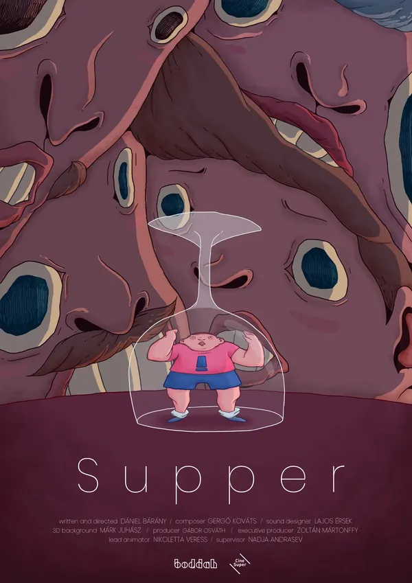 Illustration of a small person trapped under an upside-down wine glass, surrounded by four large faces with exaggerated features looking at them, with the title 'Supper' below.