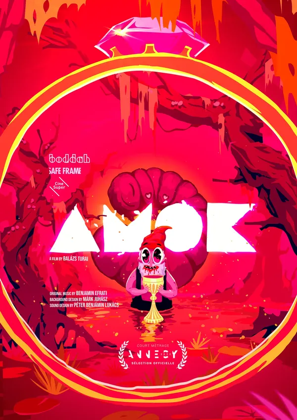 Colorful animated poster for the film AMOK showing a cartoon character holding a golden chalice surrounded by vibrant red and orange cave-like scenery.