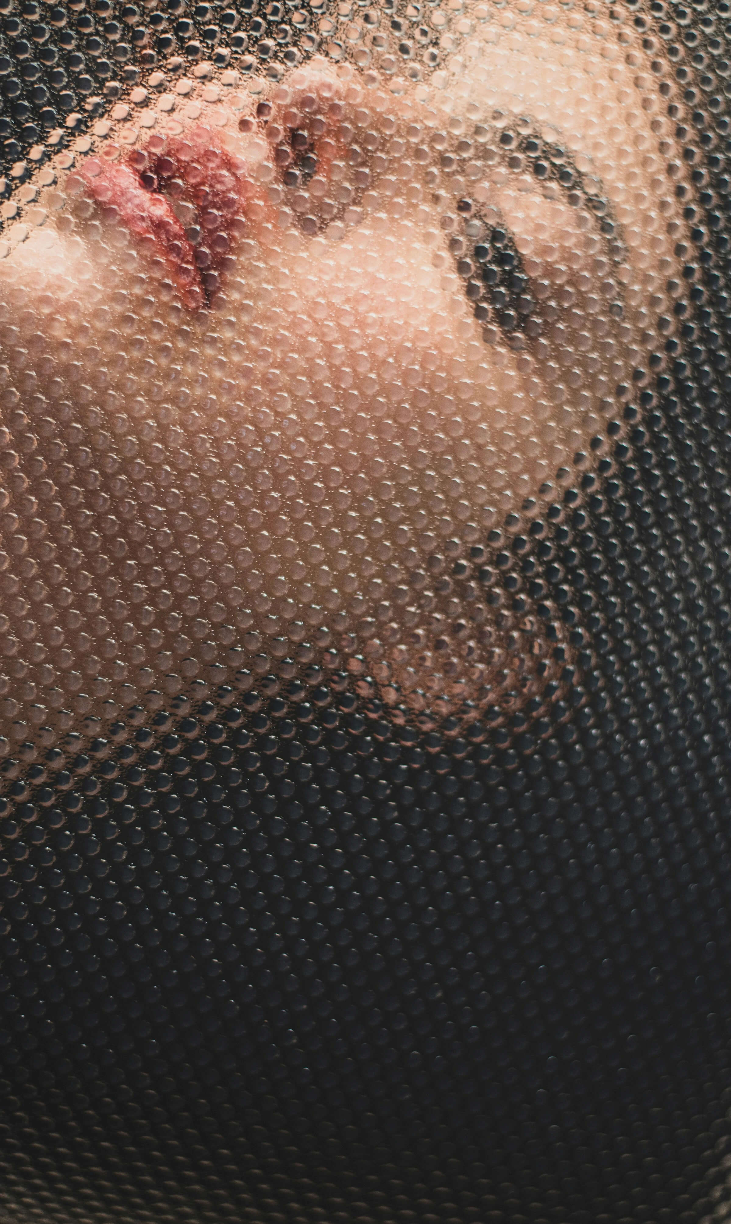 A woman's face partially obscured by a delicate mesh, creating an intriguing interplay of light and shadow.